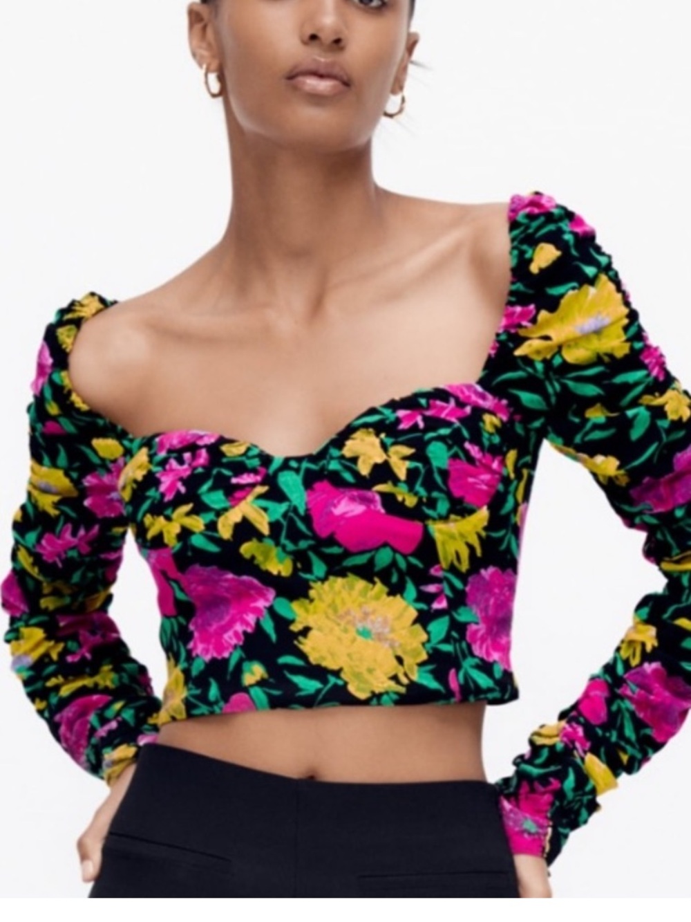 Zara Floral Sweetheart Crop Top - Black, Magenta, Yellow